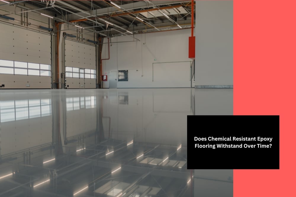 An empty warehouse with a shiny floor made of chemical resistant epoxy flooring.