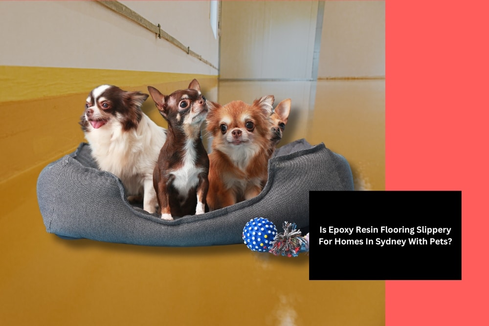 Group of playful dogs resting comfortably on a yellow dog bed showcasing the durability and stain resistance of epoxy resin flooring for homes.