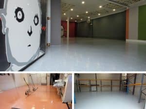 Indoor epoxy flooring in commercial and industrial spaces, showcasing smooth, durable finishes in different environments with vibrant lighting.