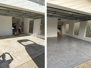 Before and after of indoor epoxy flooring installation in a residential garage, transforming a bare floor into a polished finish.