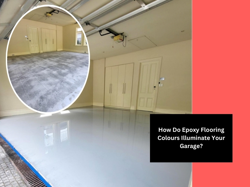 Comparison of epoxy flooring colours in a garage, showcasing a grey concrete floor before and a glossy epoxy finish after.