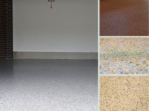 Epoxy flooring colours for garages, featuring grey, brown, blue-speckled, and beige with decorative flakes for durable finishes.