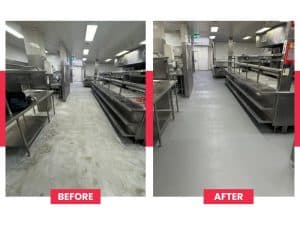 Comparison of kitchen renovation highlighting improved flooring to minimise kitchen hazards and enhance safety.