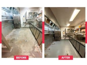 Before and after photos of kitchen flooring upgrade, addressing kitchen hazards like damaged and slippery surfaces.