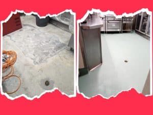 A before-and-after comparison of epoxy flooring for hotel kitchens, showcasing the transformation from damaged concrete to a seamless hygienic surface.