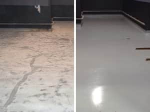 Side-by-side comparison of damaged concrete and repaired surface with epoxy paint for floor.