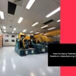 Polished manufacturing floor with heavy machinery after epoxy treatment, showing smooth reflective surface and bright overhead lighting.